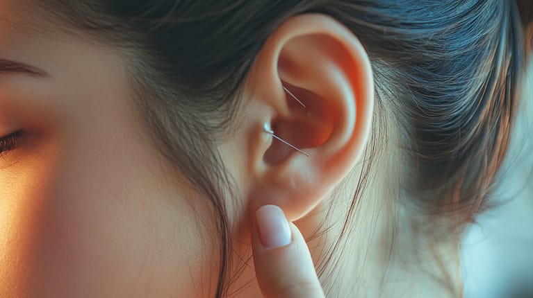 Nahaufnahme des Ohrs einer Person mit zwei eingeführten Akupunkturnadeln. Ein Finger berührt sanft die Oberfläche des Ohrs.